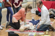 Teilnehmende üben bei einer öffentlichen Schulung die Wiederbelebung an Trainingspuppen
