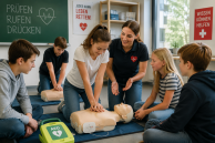 Schülerinnen und Schüler üben unter Anleitung die Wiederbelebung an einer Trainingspuppe
